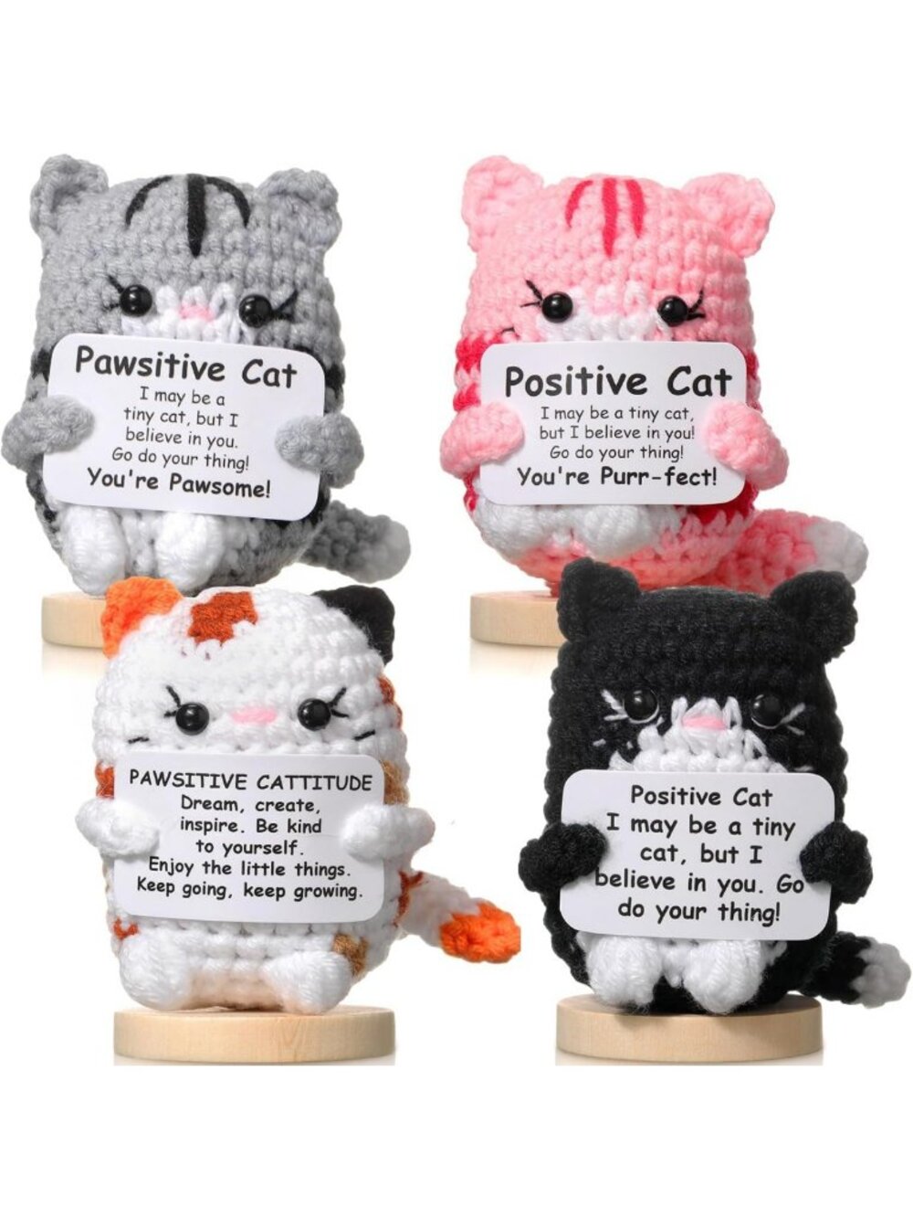 Cute Crochet Cat Gifts - 4 Pcs Mini Basket Stuffers, Funny Knitted Animals, Desk